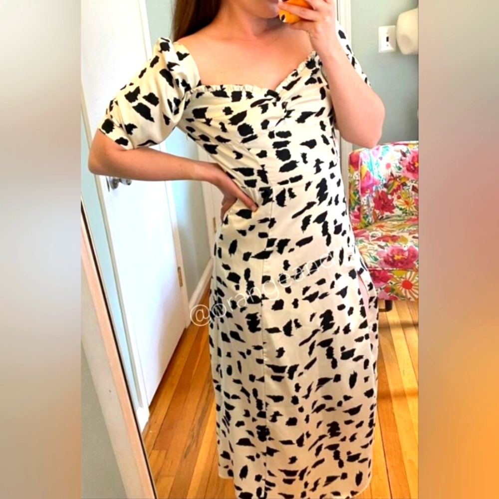 🤍🖤ANTHROPOLOGIE RAHI BLACK WHITE OFF/ON SHOULDER DRESS W/SLIT, SIZE M